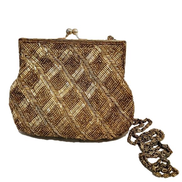 Vtg 80s does 50s Gold La Regale Crystal Beaded Gold Frame Evening Bag / Clutch - Picture 1 of 13